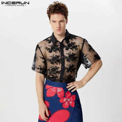 Sexy Fashion Style Tops INCERUN Men's Lace Floral See-through Shirts Casual Streetwear Male Thin Short Sleeved Blouse S-5XL 2024