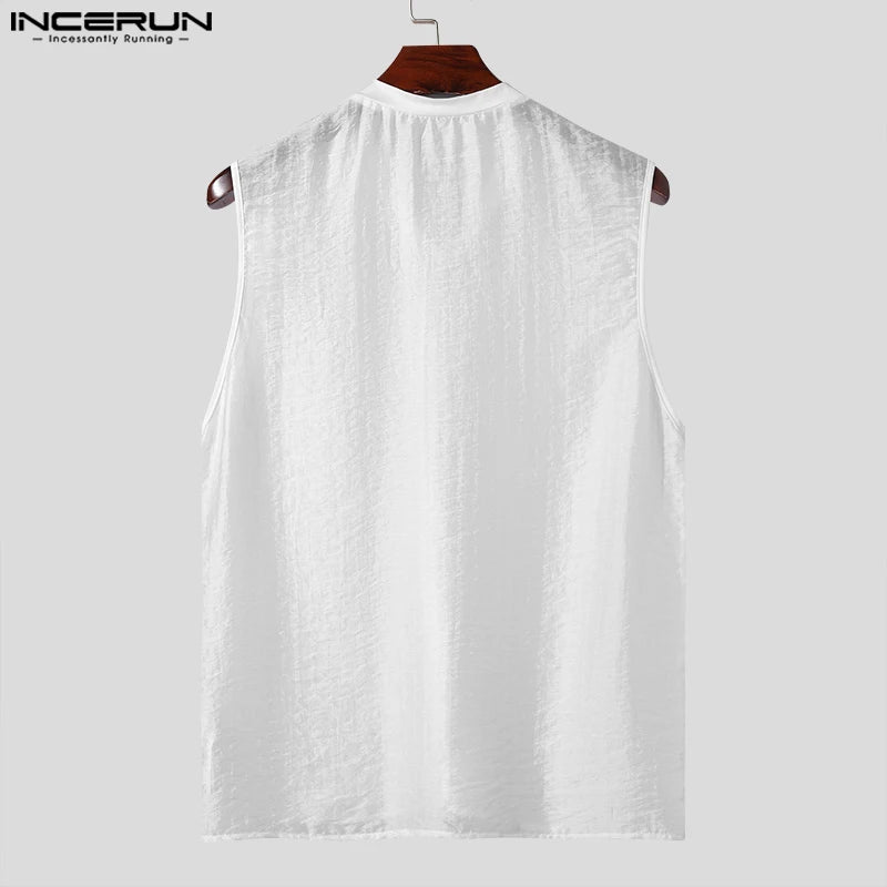 INCERUN Tops 2024 Korean Style Fashion Mens O-neck Solid Vests Male Casual Patchwork Perspective Mesh Sleeveless Tank Tops S-5XL