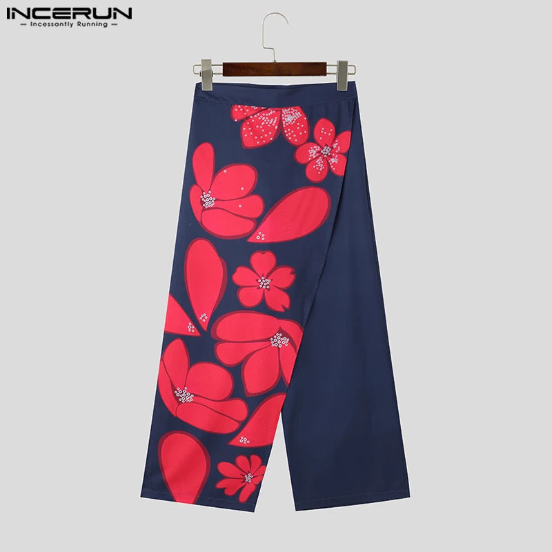 INCERUN 2024 American Style Trousers Stylish Men Fake Two-piece Spliced Floral Print Pants Male Leisure Wide Leg Pantalons S-5XL