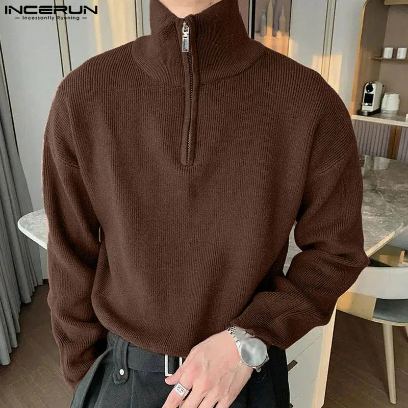 Fashion Well Fitting Tops INCERUN 2024 New Mens Texture Pullovers Leisure Streetwear Solid Long Sleeved High Neck Sweaters S-5XL