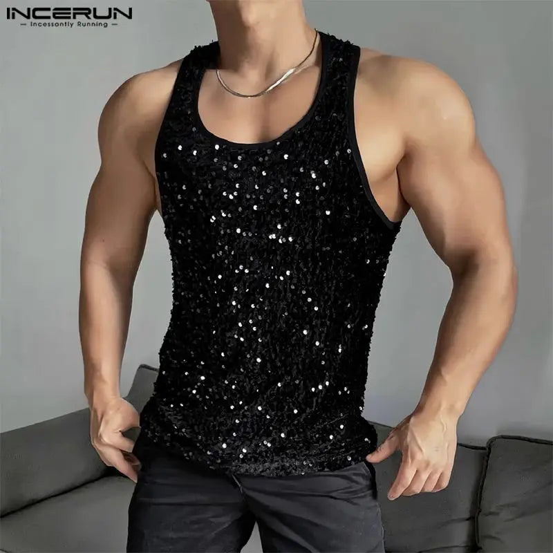 INCERUN Tops 2024 American Style Mens Pearl Glitter Design Vests Casual Sport Streetwear Male Hot Selling O-neck Tank Tops S-5XL