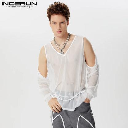 INCERUN Tops 2024 Korean Style New Men's Personality Hollow V-neck T-shirts Sexy Stylish Perspective Long Sleeved Camiseta S-5XL