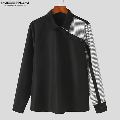 INCERUN Tops 2023 American Style Handsome Men's Striped Patchwork Shirts Casual Streetwear Hot Selling Long Sleeved Blouse S-5XL