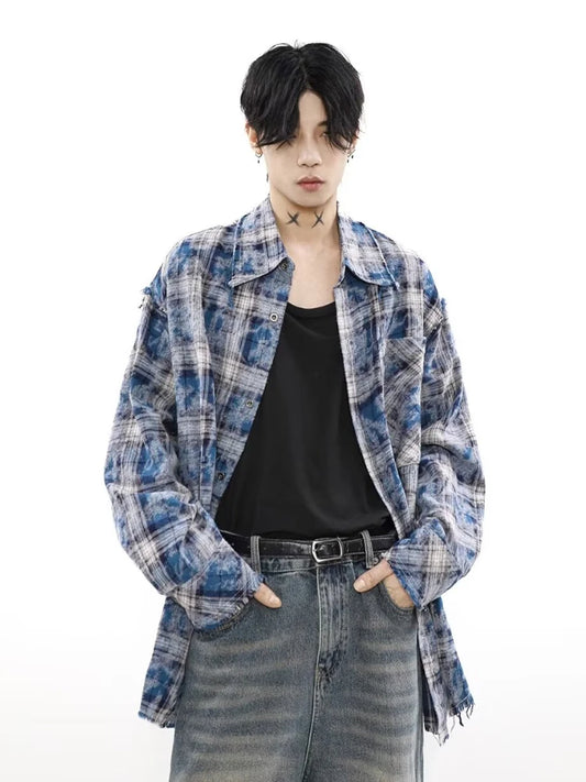 HOUZHOU Harajuku Plaid Shirts Coat Men Oversize Long Sleeve Men's Checkered Cardigan Blouses Male Japanese Streetwear Hip Hop