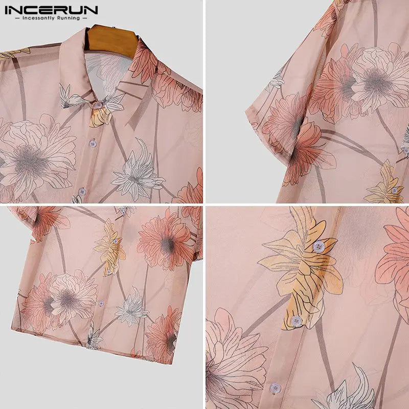 INCERUN Tops 2024 American Style Mens Fashion Perspective Floral Print Shirts Casual Personality Thin Short Sleeved Blouse S-5XL