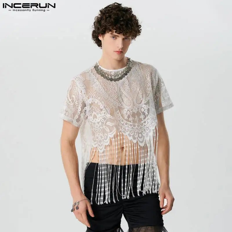 INCERUN Tops 2024 American Style Fashion Men's Lace Perspective Tassel Cropped T-shirts Sexy O-neck Short Sleeved Camiseta S-5XL