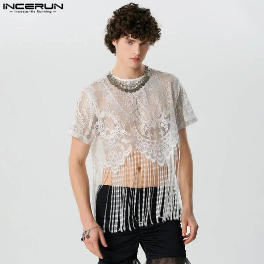 INCERUN Tops 2024 Style Américain Mode Hommes Dentelle Perspective Gland Court T-shirts Sexy O-cou Manches Courtes Camiseta S-5XL