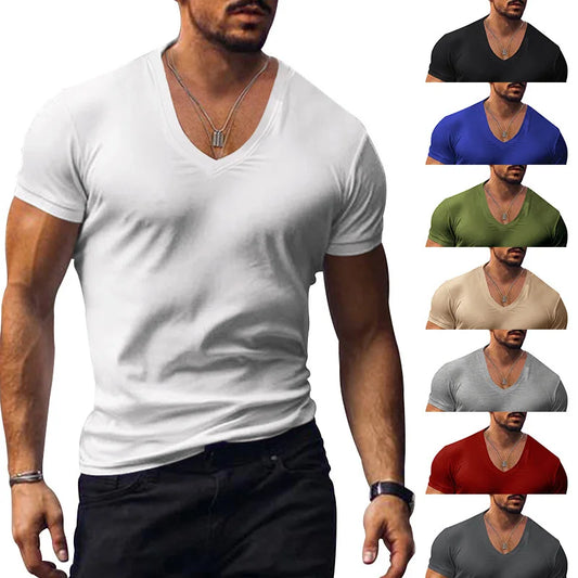 Summer Men Short-sleeved T-shirt Quick-drying Sports T-shirt Men's V-neck Solid Color Plus-Size Casual T-shirt Men's Wear Hombre