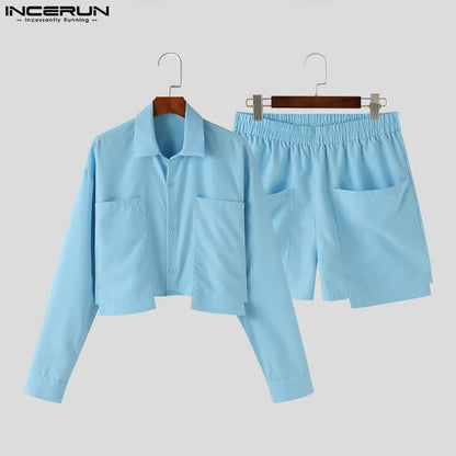 Fashion Well Fitting Sets INCERUN Men Solid Cropped Large Pocket Long Sleeved Shirts Shorts Casual Clubwear Two-piece Sets S-5XL