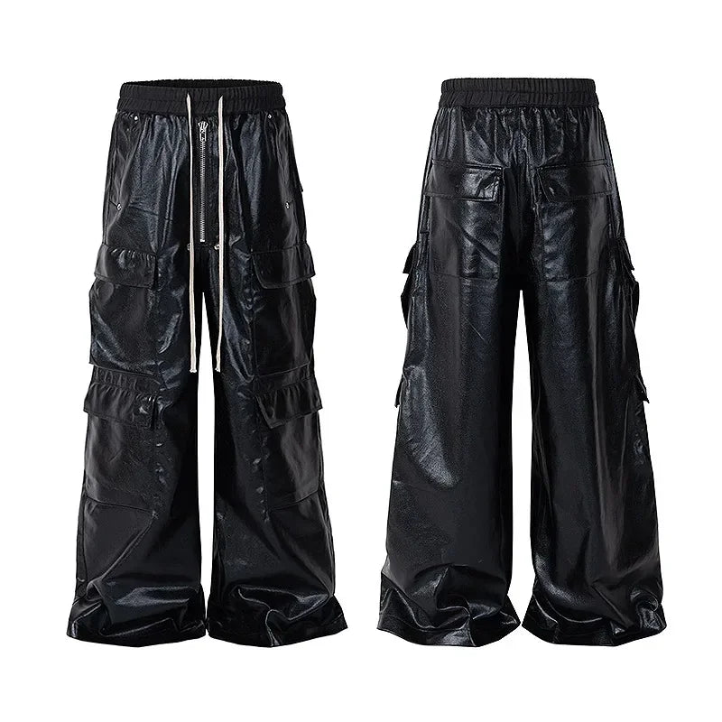 HOUZHOU RO Style Glänzend Schwarze Pu-Lederhose für Männer High Street Y2k Pantalones Hombre Baggy Overall Weites Bein Kordelzug Cargo