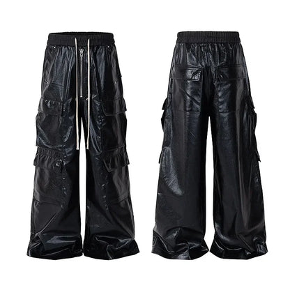 HOUZHOU RO Style Glossy Black Pu Leather Pants for Men High Street Y2k Pantalones Hombre Baggy Overall Wide Leg Drawstring Cargo