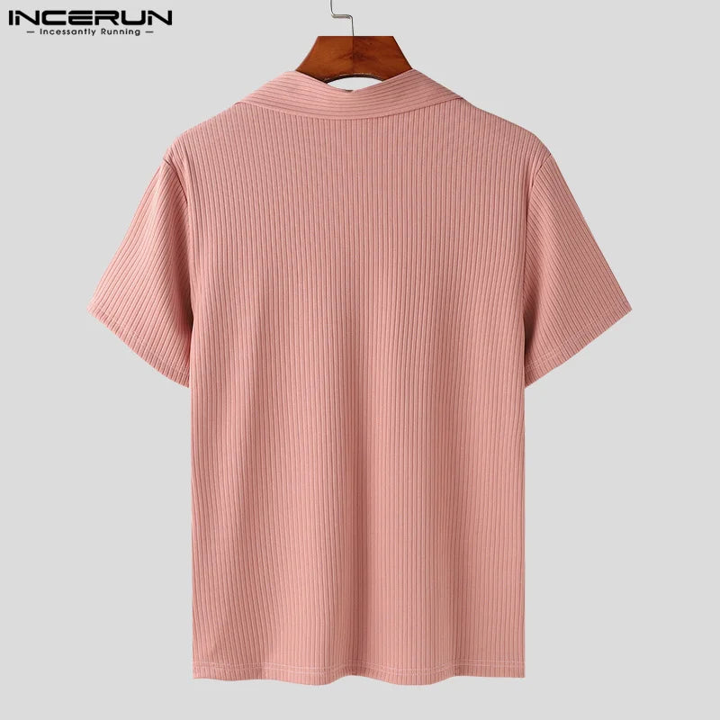 INCERUN Tops 2024 Korean Style New Men Loose Textured Solid Color T-shirts Casual Simple Male Short Sleeved Lapel Camiseta S-5XL