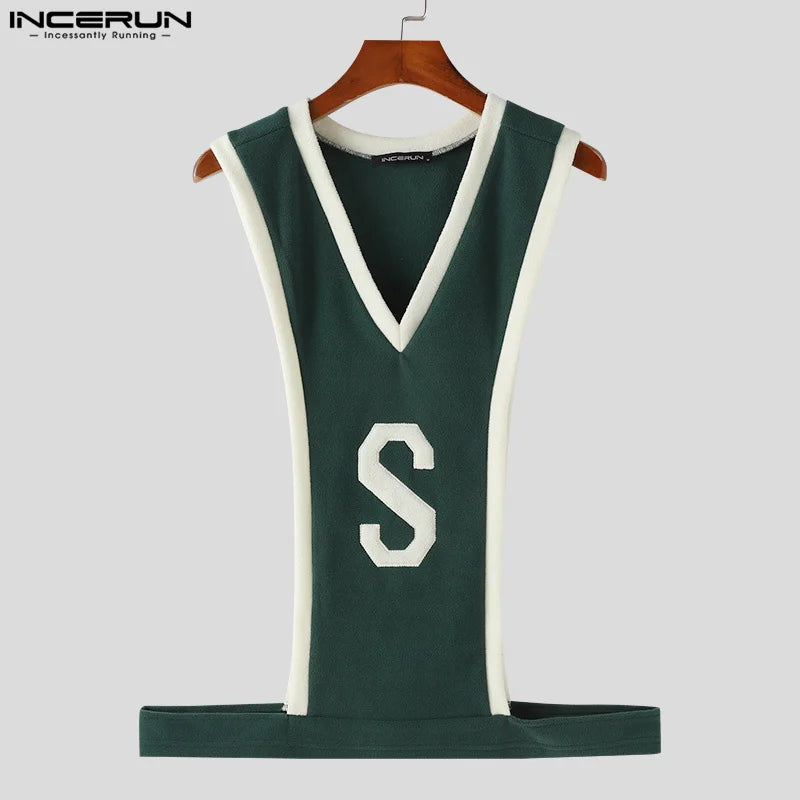 INCERUN Tops 2024 Koreanischen Stil Sexy Mode Männer S Brief Muster Spleißen Gestreiften Westen Sommer Casual Ärmellose Tank Tops S-5XL