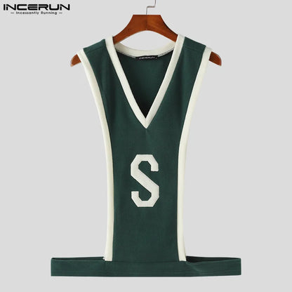 INCERUN Tops 2024 Korean Style Sexy Fashion Men S Letter Pattern Splicing Striped Vests Summer Casual Sleeveless Tank Tops S-5XL