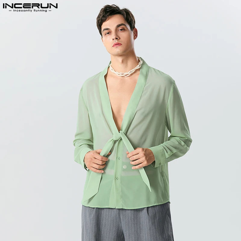 Hauts sexy à la mode INCERUN Beau hommes col noué transparent maille chemises décontracté fête solide à manches longues chemisier S-5XL