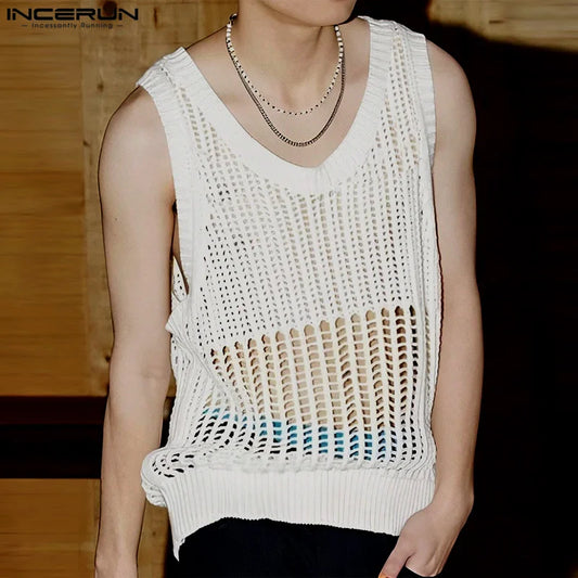 INCERUN Tops 2024 Korean Style Fashion Men Hollow Patchwork Grid Design Vests Casual Simple Male Thin Sleeveless Tank Tops S-5XL