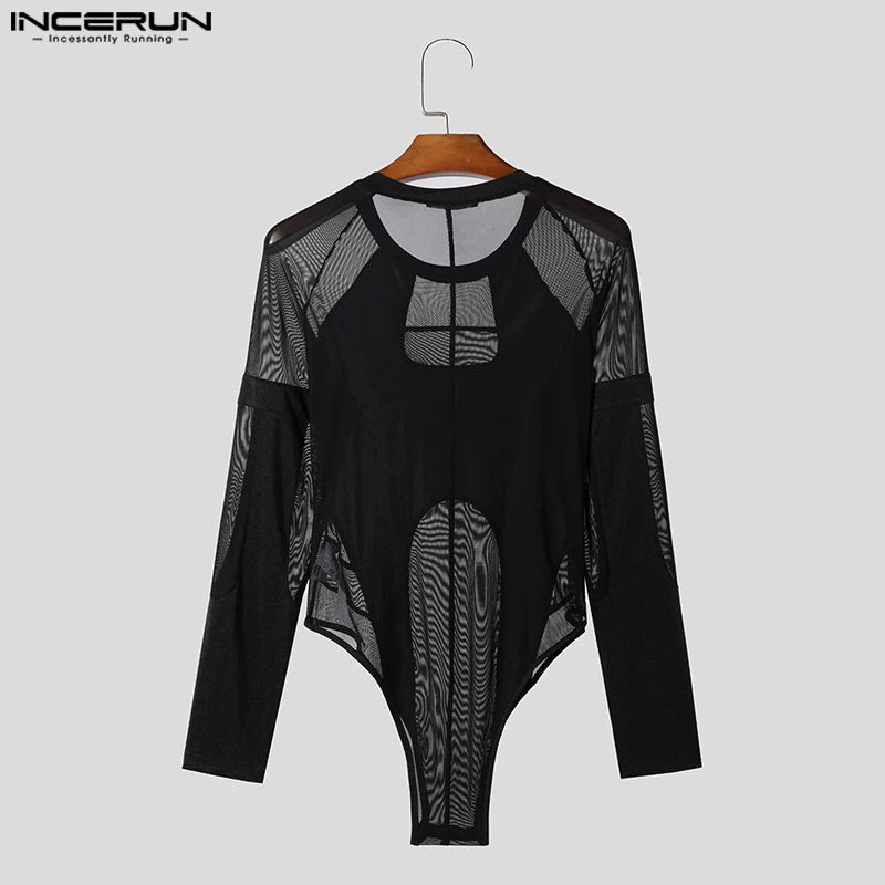 INCERUN 2024 Sexy Men's Homewear Jumpsuits Thin Mesh Splicing Deconstructed Design Rompers Triangle Long Sleeved Bodysuits S-3XL