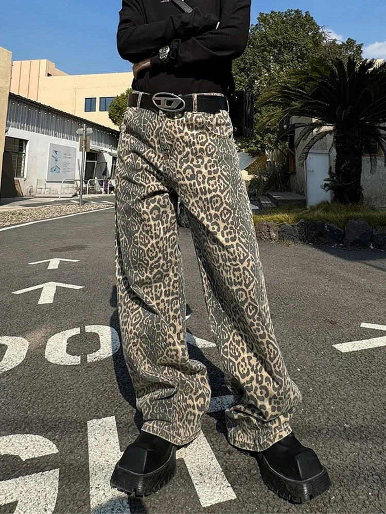 HOUZHOU Leopard Jeans Men Denim Pants Male Oversize Wide Leg Trousers Streetwear Hip Hop Vintage Animal Print Loose Casual