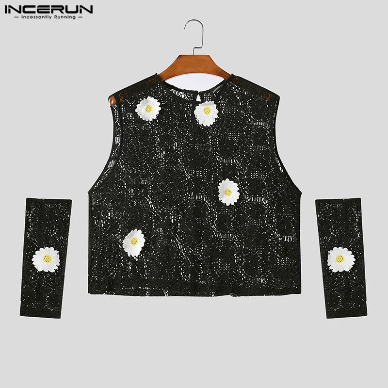 Fashion Casual Style Tops INCERUN New Men Lace See-through Spliced Flower Vests Sexy Well Fitting Cropped O-neck Tank Tops S-5XL