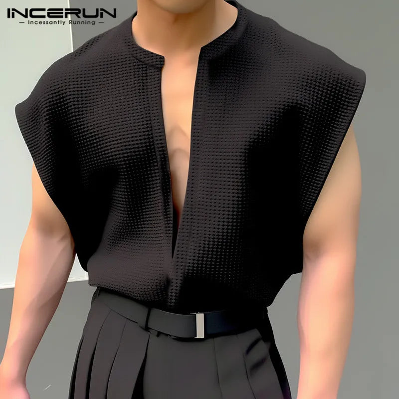 INCERUN Tops 2024 Koreanischen Stil Hübscher Herren Feste Strukturierte Westen Casual Streetwear Lose Bequeme Ärmellose Tank Tops S-5XL