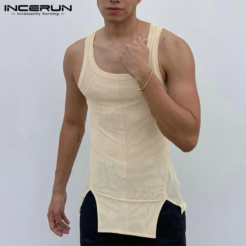 INCERUN Tops 2024 Amerikanische Mode für Herren High Stretch Mesh Durchsichtige Westen Sommer Lässig Dünne Ärmellose Tank Tops S-5XL