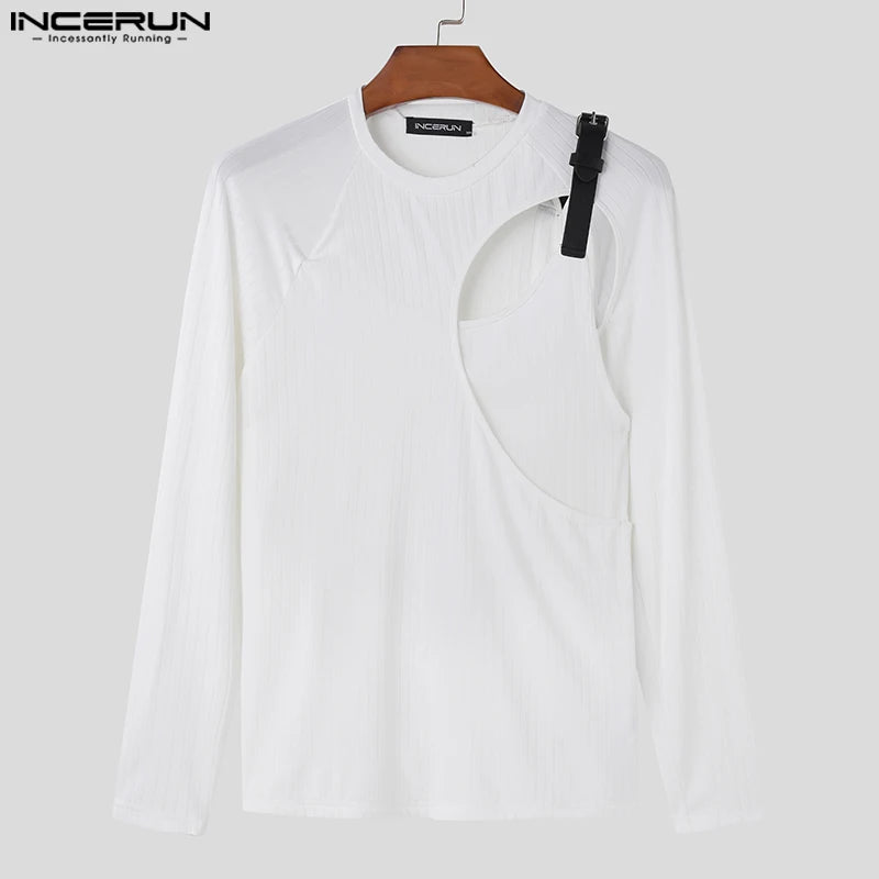 INCERUN Tops 2023 Korean Style Men's Fashion Metal Buckle Design T-shirts Casual Male Hollow O-neck Long Sleeved Camiseta S-5XL