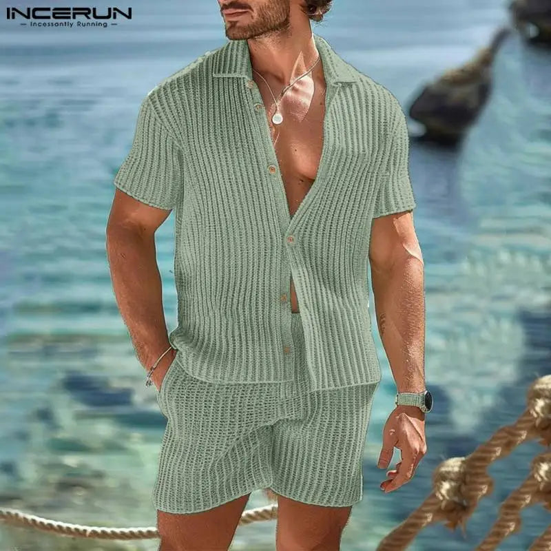 INCERUN 2024 American Style Fashion Sets Men Mesh Vertical Stripe Knitted Short Sleeved Shirts Shorts Summer Two-piece Set S-5XL