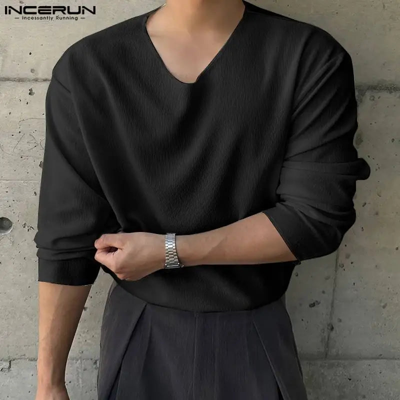 INCERUN Tops 2024 Korean Style Fashion Men's Loose V-neck Knitted T-shirts Summer Casual Streetwear Long Sleeved Camiseta S-5XL