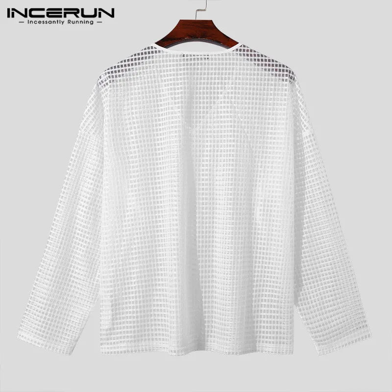 INCERUN Tops 2024 Korean Style Mens Solid Checkered Perspective T-shirts Fashionable V-neck Shoulder Long Sleeved Camiseta S-5XL