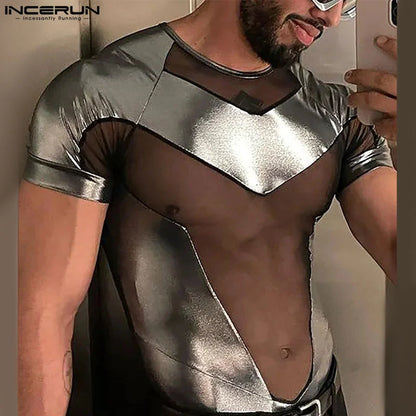 2024 Men's Bodysuits Mesh Patchwork Shiny Transparent O-neck Short Sleeve Male Rompers Streetwear Fashion Bodysuit S-3XL INCERUN