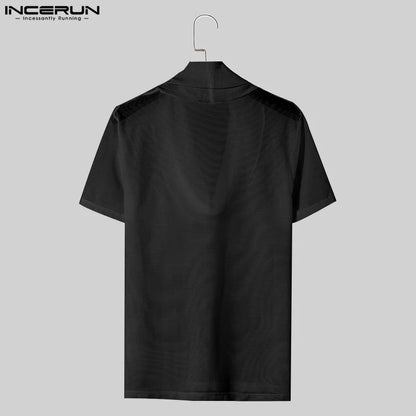 Fashion Well Fitting Tops INCERUN New Men's Pile Neck Hollow Perspective T-shirts Casual Sexy Thin Short Sleeved Camiseta S-5XL