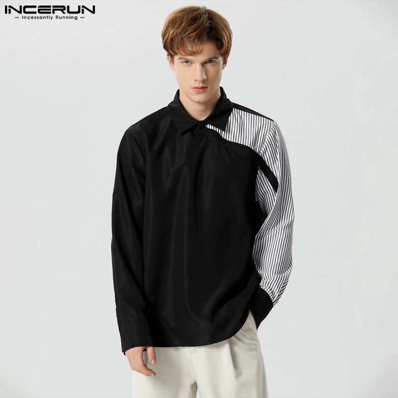 INCERUN Tops 2023 American Style Handsome Men's Striped Patchwork Shirts Casual Streetwear Hot Selling Long Sleeved Blouse S-5XL