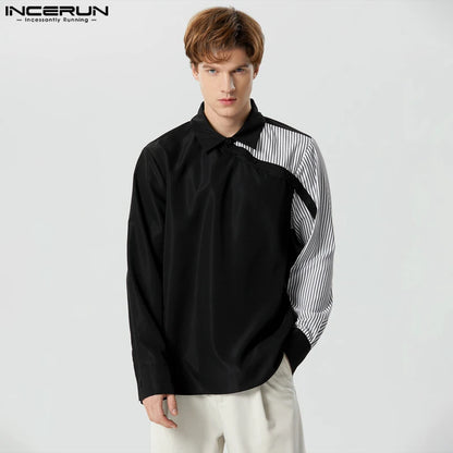 INCERUN Tops 2023 Style américain Beau Hommes Rayé Patchwork Chemises Décontractées Streetwear Vente Chaude Chemisier À Manches Longues S-5XL