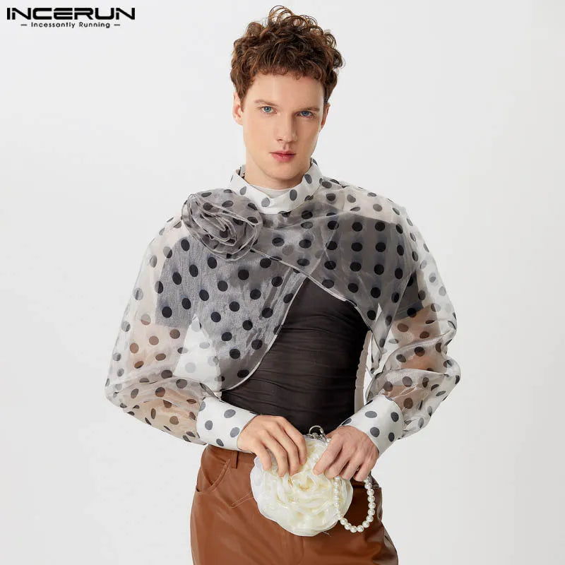 INCERUN Tops 2024 Amerikanischer Stil Mode Herren Chiffon Polka Dot Cropped Cross T-Shirts Lässig Sexy Dünne Langarm T-Shirts S-5XL