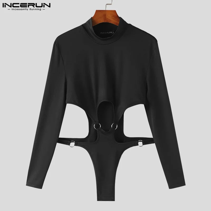 INCERUN Men Bodysuits Solid Hollow Out Turtleneck Long Sleeve Fashion Rompers Streetwear Sexy 2023 Male Irregular Bodysuit S-5XL