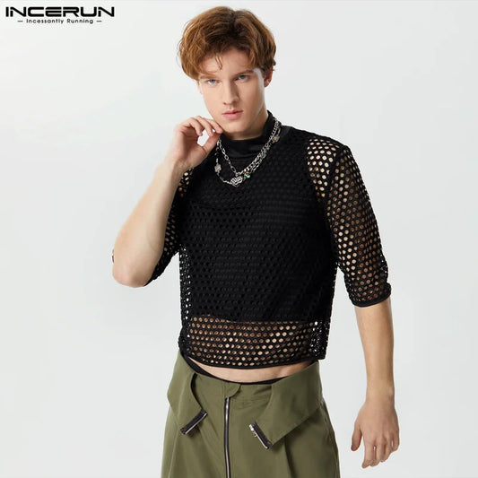 Fashion Casual Style Tops INCERUN Men's Hollow Mesh Patchwork T-shirts Sexy Cropped Half High Neck Short Sleeved Camiseta S-3XL