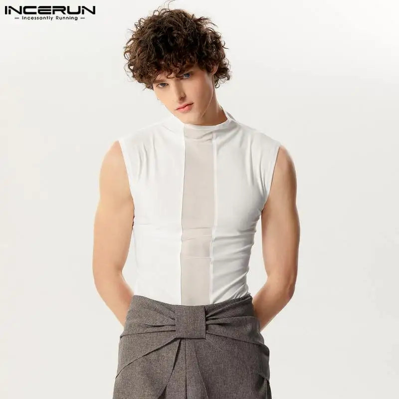 Handsome Well Fitting Tops INCERUN Men's Mesh Patchwork Design Vests Casual Streetwear Hot Sale Sleeveless Tank Tops S-5XL 2024