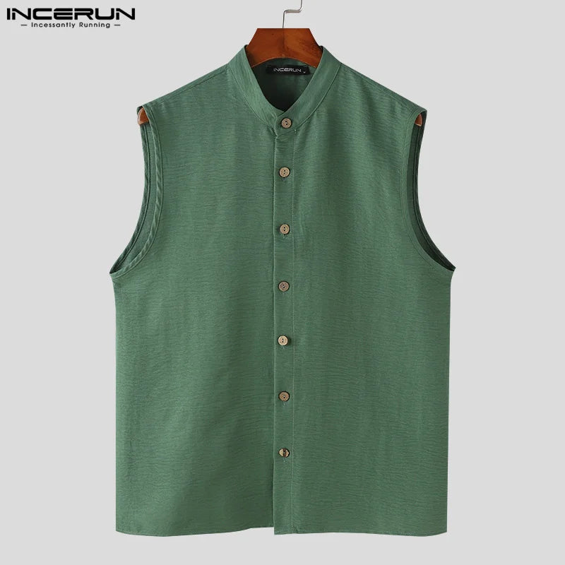 INCERUN Tops 2024 Style américain Beau Hommes Solide Col Montant Conception Chemise Sans Manches Été Décontracté Streetwear Chemisier S-5XL