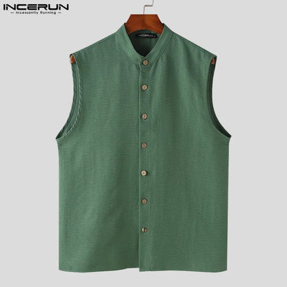 INCERUN Tops 2024 Amerikanischen Stil Hübscher Männer Solide Stehkragen Design Ärmelloses Hemd Sommer Casual Streetwear Bluse S-5XL