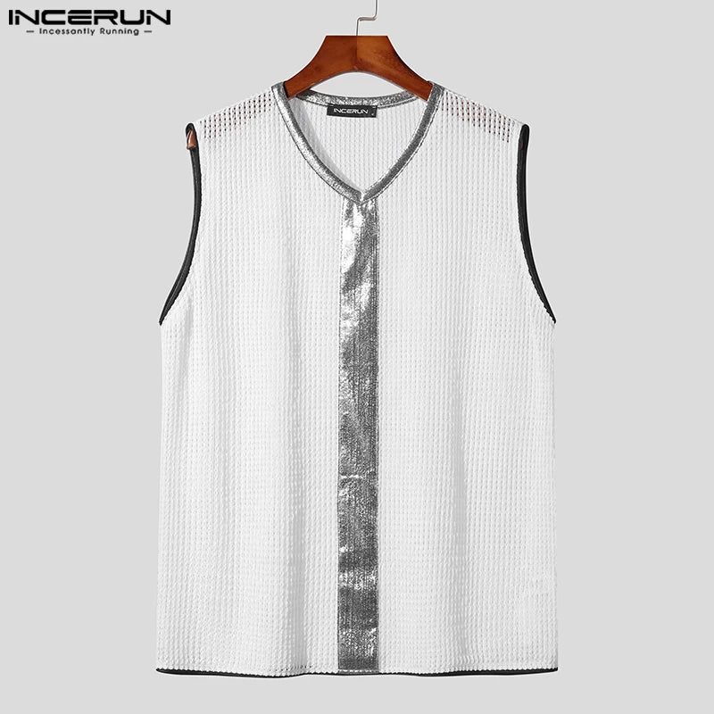 INCERUN Tops 2024 Korean Style New Mens Fashion V-neck Patchwork Design Vests Casual Streetwear Flash Sleeveless Tank Tops S-3XL