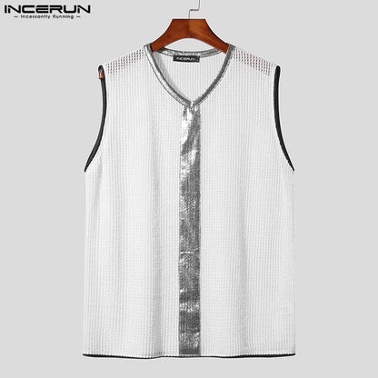 INCERUN Tops 2024 Koreanische Stil Neue Mens Fashion V-ausschnitt Patchwork Design Westen Casual Streetwear Flash Ärmellose Tank Tops S-3XL