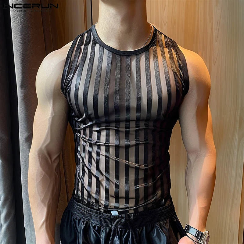 INCERUN Tops 2024 Korean Style Mens Sexy See-through Striped Vests Summer Casual Hot Sale Thin Sleeveless O-neck Tank Tops S-5XL