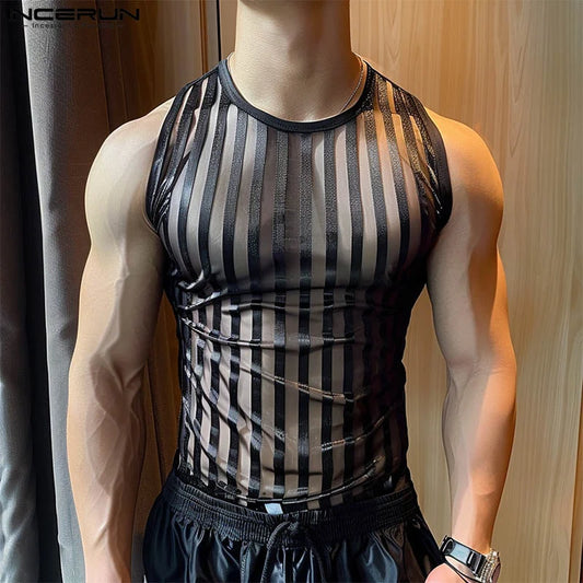 INCERUN Tops 2024 Korean Style Mens Sexy See-through Striped Vests Summer Casual Hot Sale Thin Sleeveless O-neck Tank Tops S-5XL