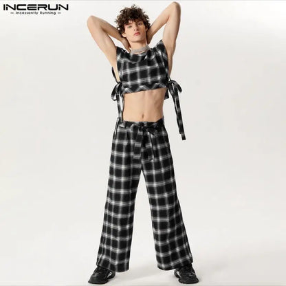 INCERUN 2024 American Style Men's Stylish Sets Sleeveless Vests Long Pants Casual Cropped Plaid Lace Design Suit 2 Pieces S-5XL