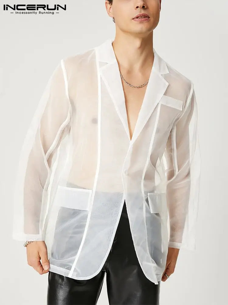 2023 männer Mesh Blazer Transparent Revers Streetwear Langarm Sexy Casual Mäntel Mode Eine Taste Party Männer Anzug S-5XL INCERUN