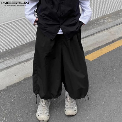 INCERUN 2024 Korean Style Trousers New Men Personality Wide Leg Pants Casual Well Fitting Ankle tied Drawstring Pantalons S-5XL