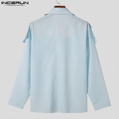 INCERUN Tops 2024 American Style Men's Mesh Splicing Multi Piece Style Shirts Casual Fashionable Male Long Sleeved Blouse S-5XL