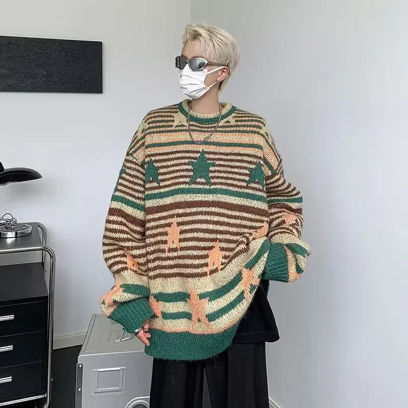 HOUZHOU Y2K Star Sweater Men Harajuku Striped Knitted Pullovers Jumpers Male Tops Oversize Purple Winter Streetwear Hip Hop