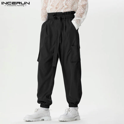 INCERUN Men Cargo Pants Solid Joggers Elastic Waist Trousers Men With Belt Streetwear Loose 2024 Fashion Casual Pantalon S-5XL