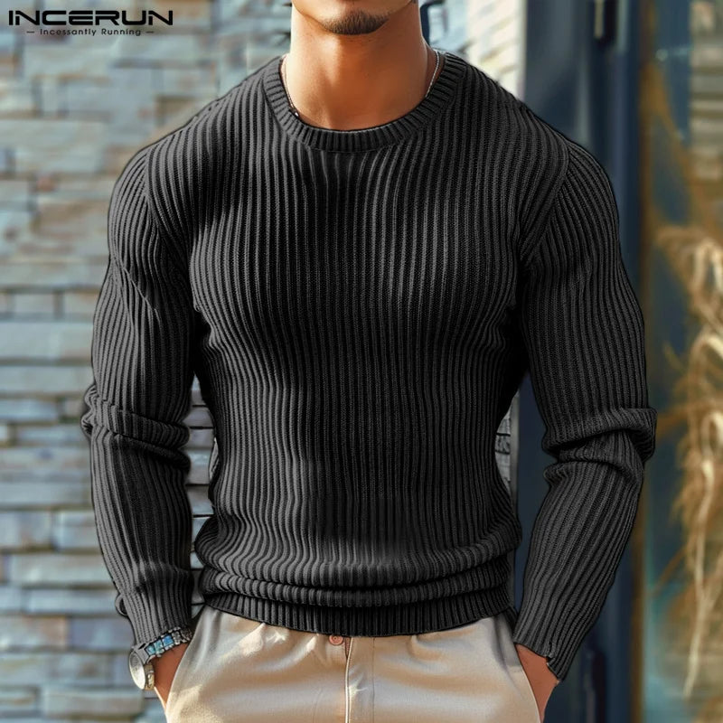 INCERUN Tops 2024 Stylis New Men Tight Fitting Solid Striped Pullover Casual Comfortable Male O-neck Long Sleeved Sweaters S-5XL